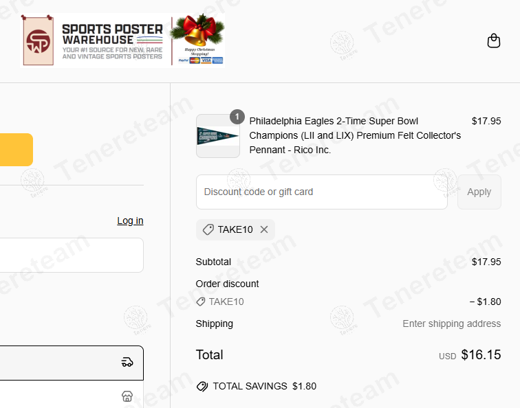 Sports Poster Warehouse coupon code: 10% off with TAKE10. Tested and valid as 9 months ago.
