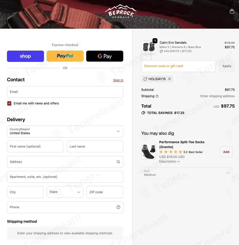 Bedrock Sandals coupon code: 15% off with HOLIDAY15. Tested and valid as 9 months ago.