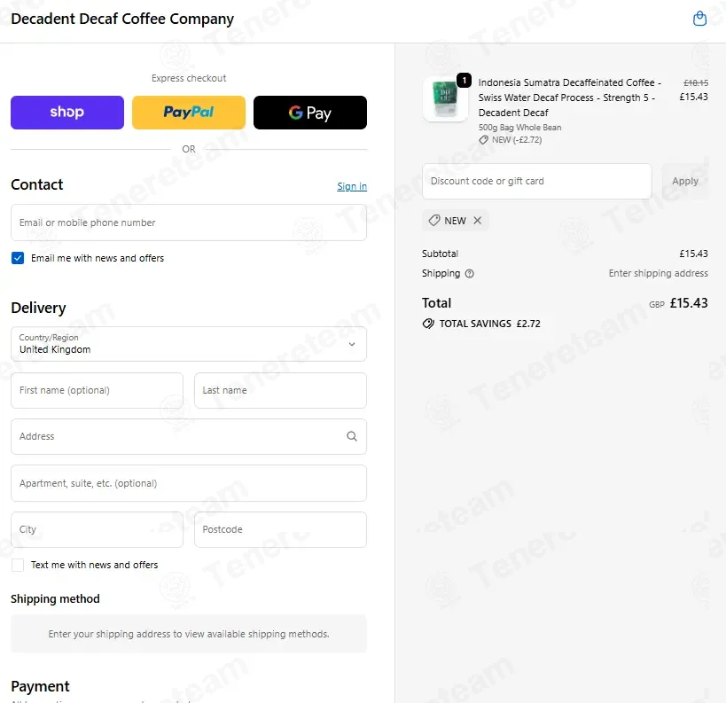 Decadent Decaf coupon code: 15% off with NEW. Tested and valid as 3 weeks ago.