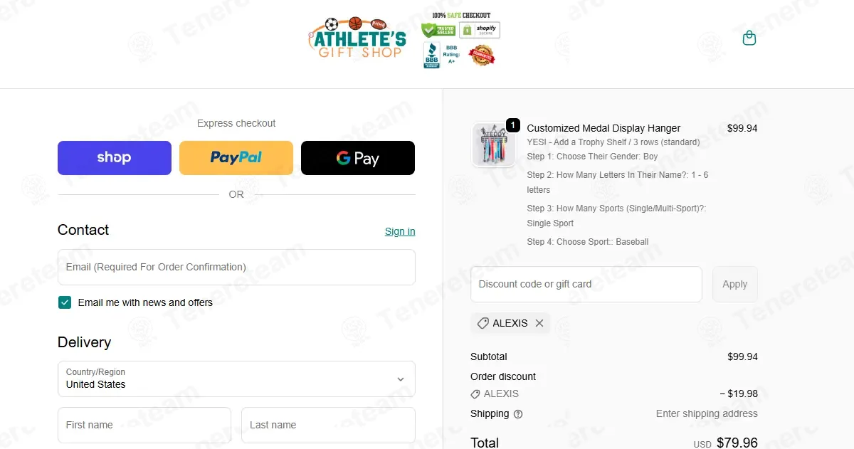 Athlete's Gift Shop coupon code: 20% off with ALEXIS. Tested and valid as 3 months ago.