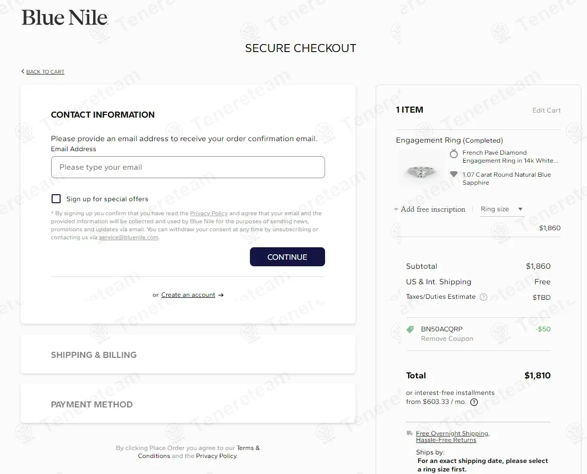 Blue Nile coupon code: $50 off with BN50ACQRP. Tested and valid as 1 year ago.