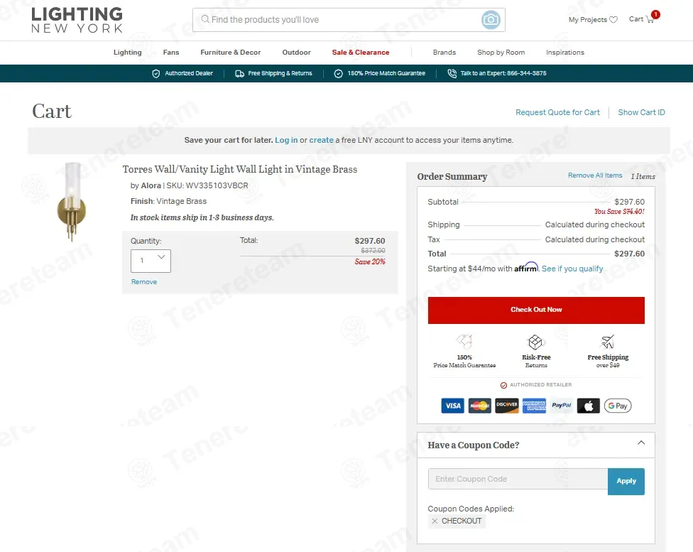Lightingnewyork.com coupon code: 20% off with CHECKOUT. Tested and valid as 3 weeks ago.