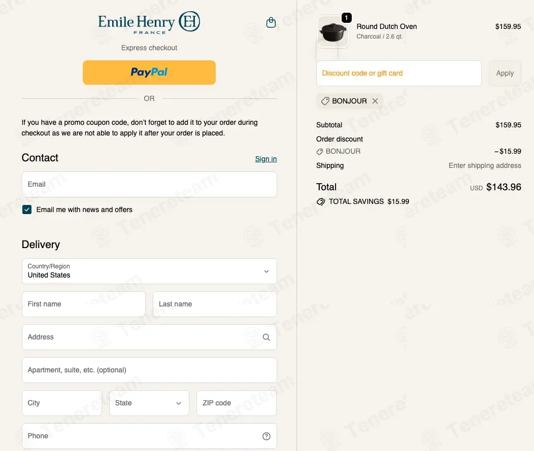 Emile Henry USA coupon code: 10% off with BONJOUR. Tested and valid as 7 months ago.