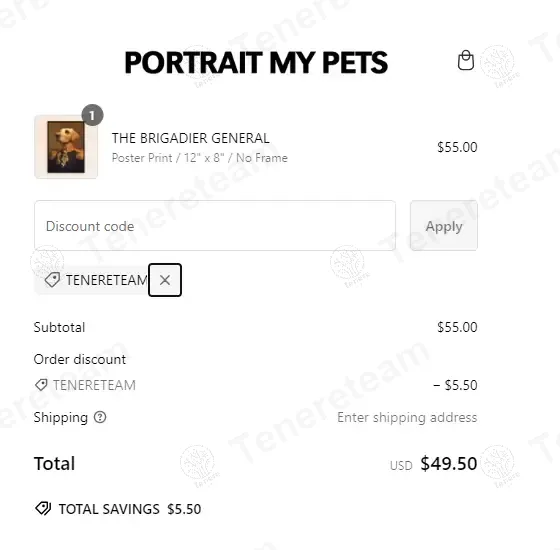 Portrait My Pets coupon code: 10% off with TENERETEAM. Tested and valid as 11 months ago.