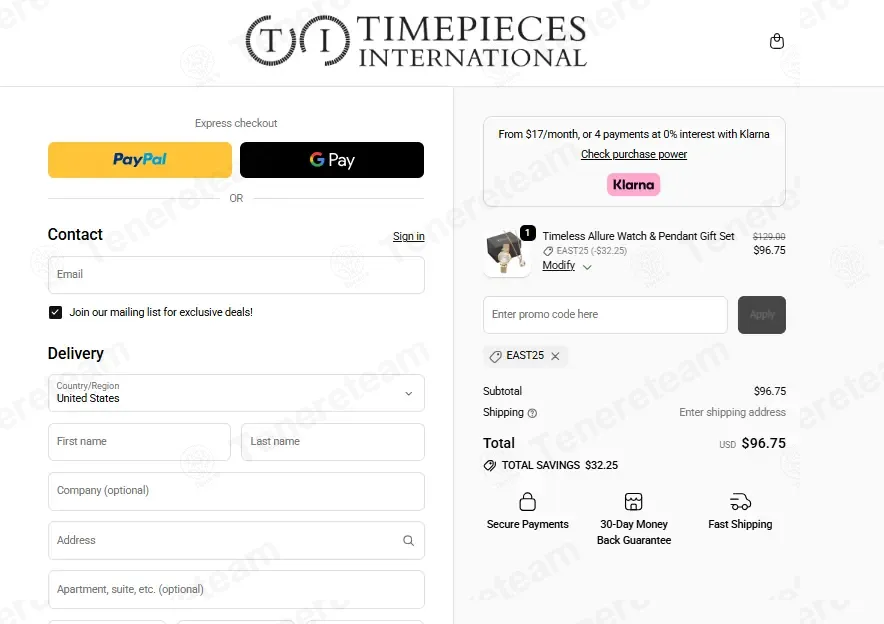 Timepieces USA coupon code: 25% off with EAST25. Tested and valid as 4 weeks ago.