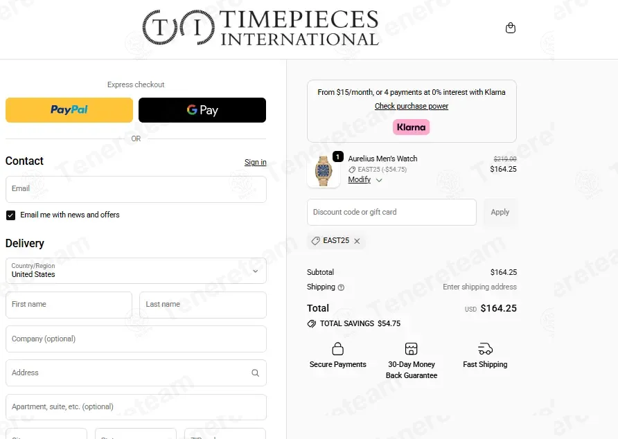 Timepieces USA coupon code: 25% off with EAST25. Tested and valid as 4 weeks ago.