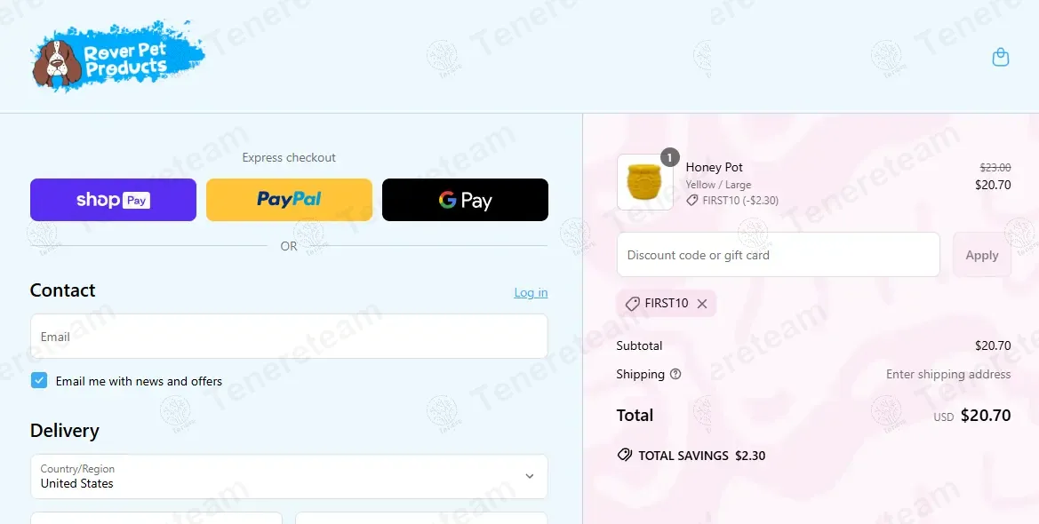 Rover Pet Products coupon code: 10% off with FIRST10. Tested and valid as 1 year ago.