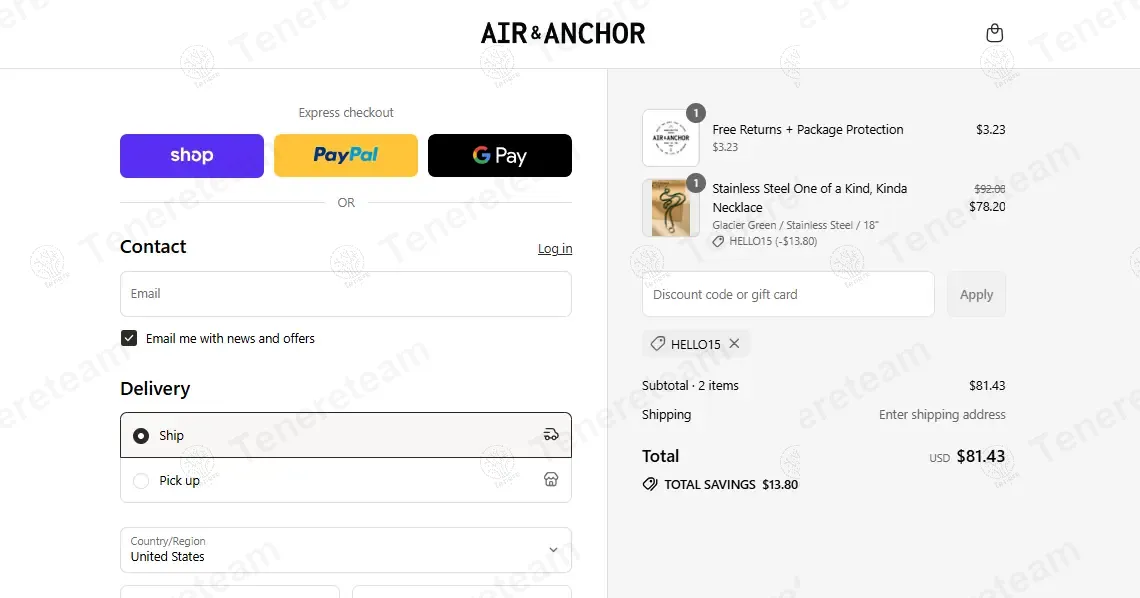 Air And Anchor coupon code: 15% off with HELLO15. Tested and valid as 9 months ago.