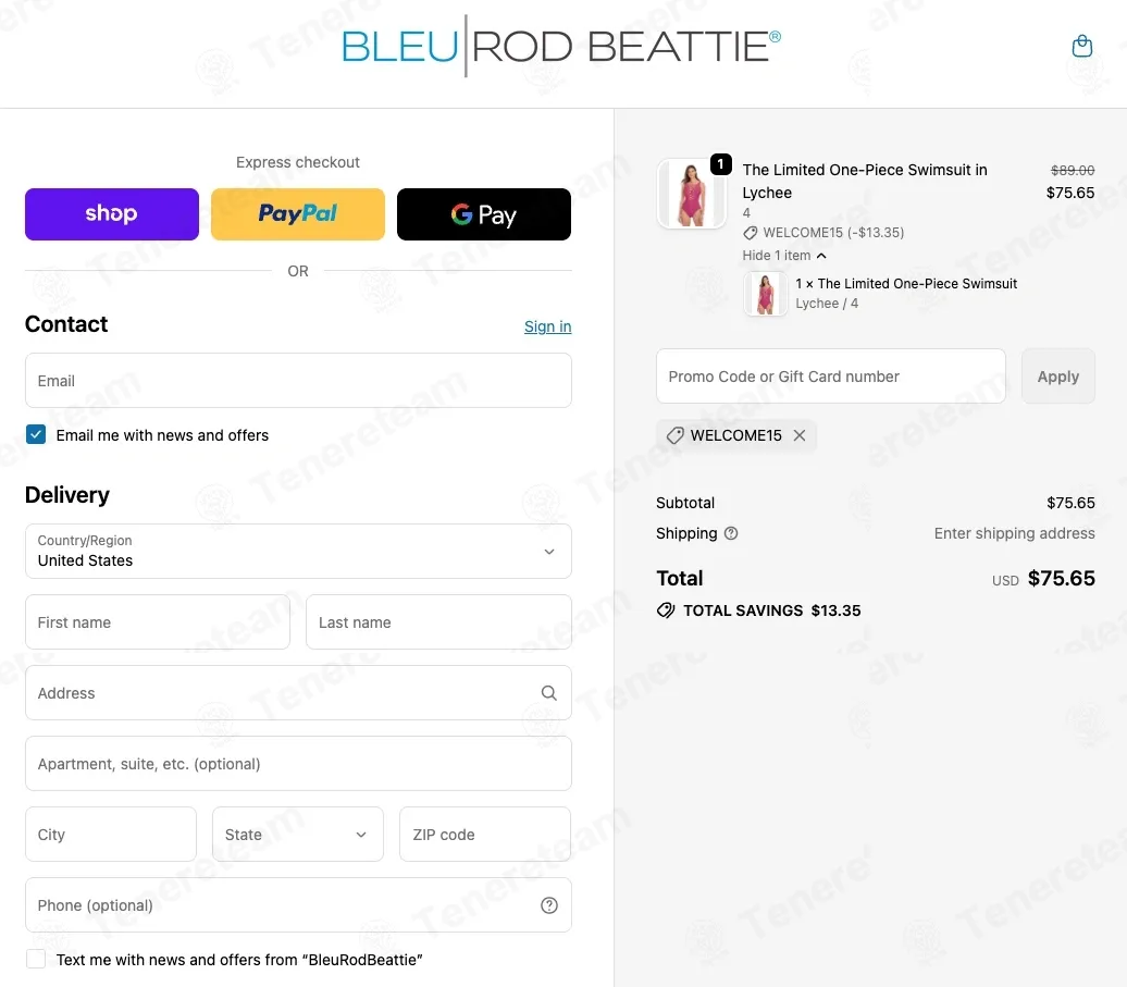 Bleu Rod Beattie coupon code: 15% off with WELCOME15. Tested and valid as 1 month ago.