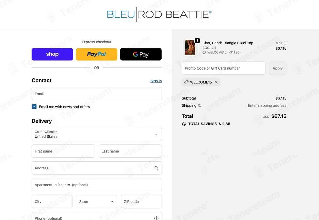 Bleu Rod Beattie coupon code: 15% off with WELCOME15. Tested and valid as 1 month ago.