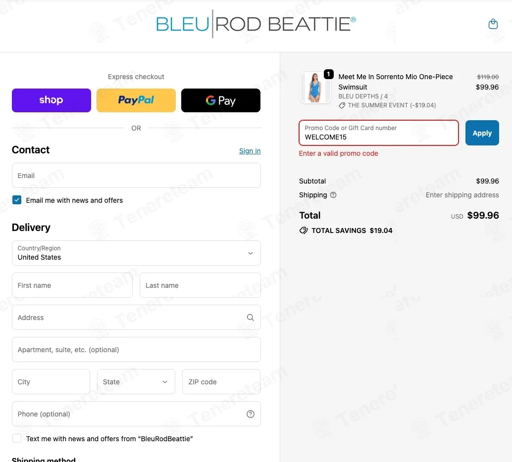 Bleu Rod Beattie coupon code: 15% off with WELCOME15. Tested and valid as 1 month ago.