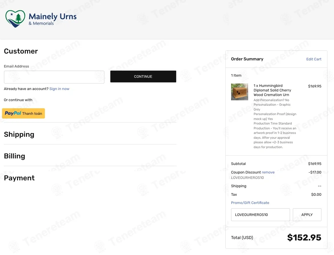 Mainely Urns coupon code: 10% off with LOVEOURHEROS10. Tested and valid as 7 months ago.