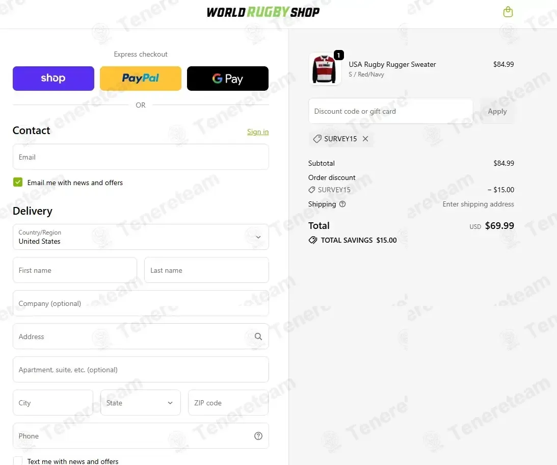 World Rugby Shop coupon code: 50% off with SURVEY15. Tested and valid as 2 months ago.
