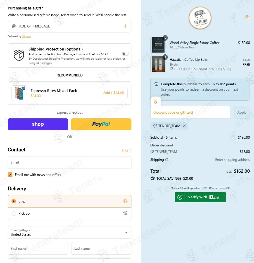 Big Island Coffee Roasters coupon code: 15% off with TENERE_TEAM. Tested and valid as 11 months ago.