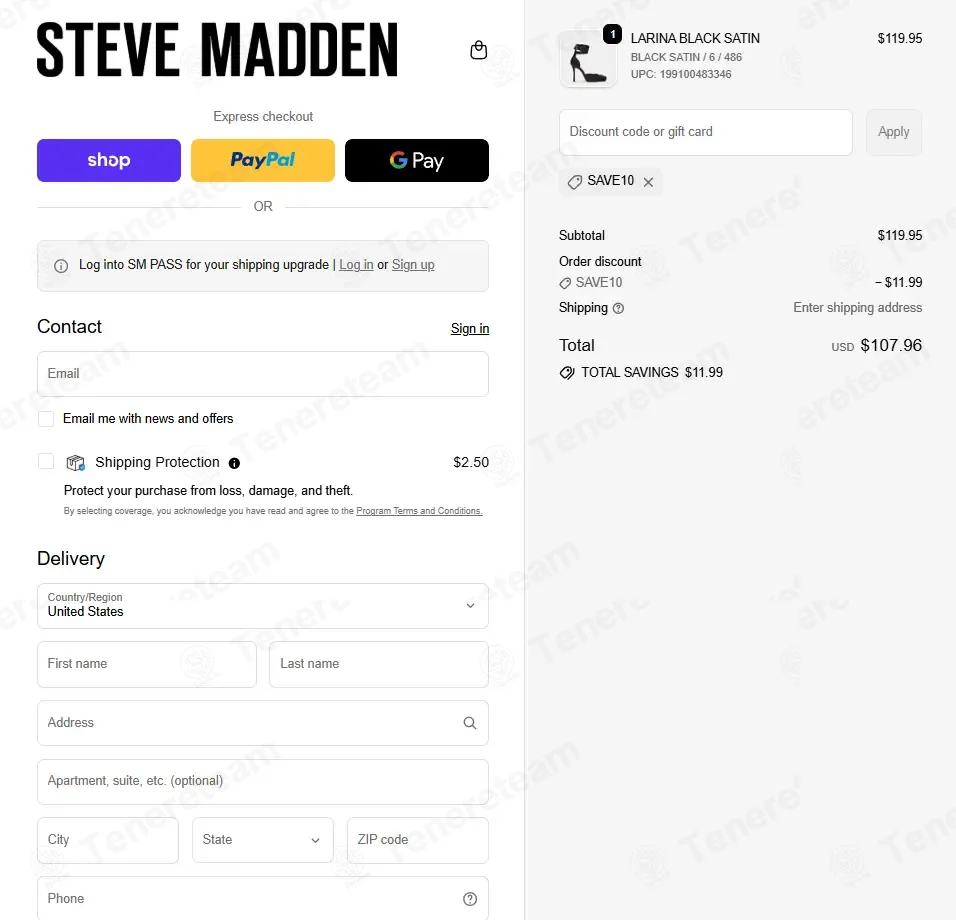 Steve Madden coupon code: 10% off with SAVE10. Tested and valid as 3 weeks ago.