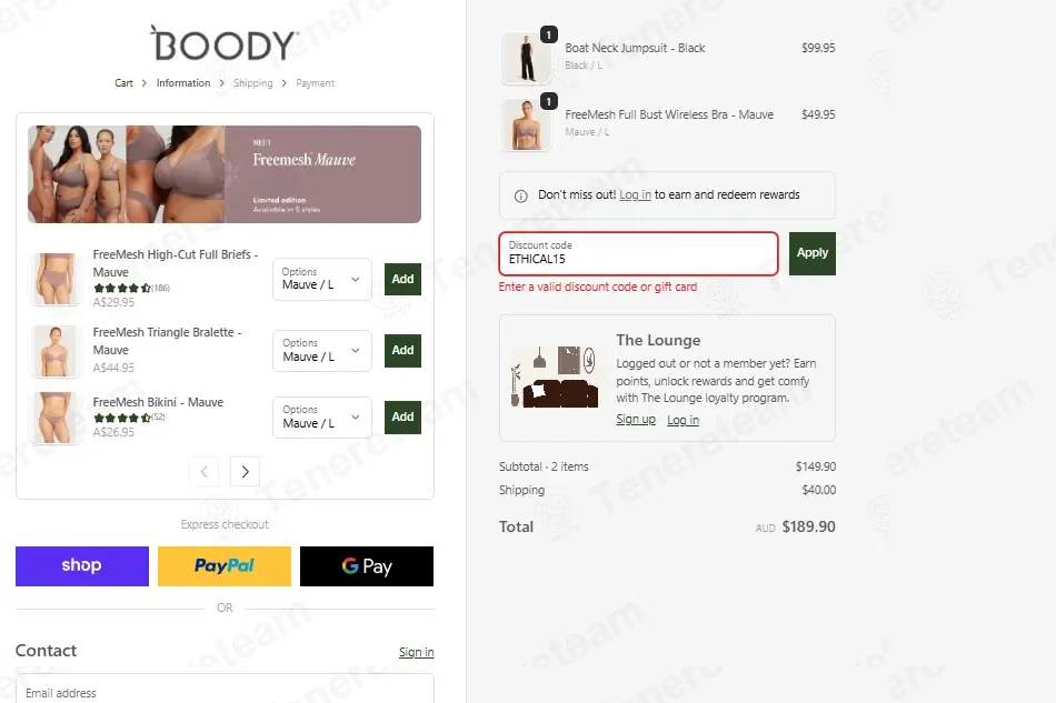 Boody AU coupon code: 15% off with ETHICAL15. Tested and valid as 1 month ago.