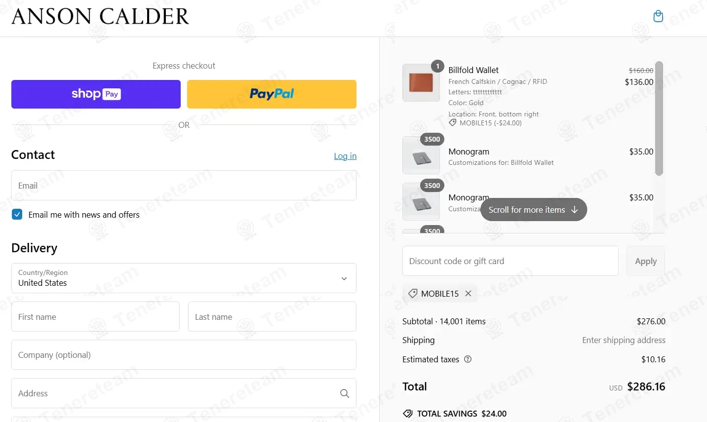 Anson Calder coupon code: 15% off with MOBILE5. Tested and valid as 1 year ago.