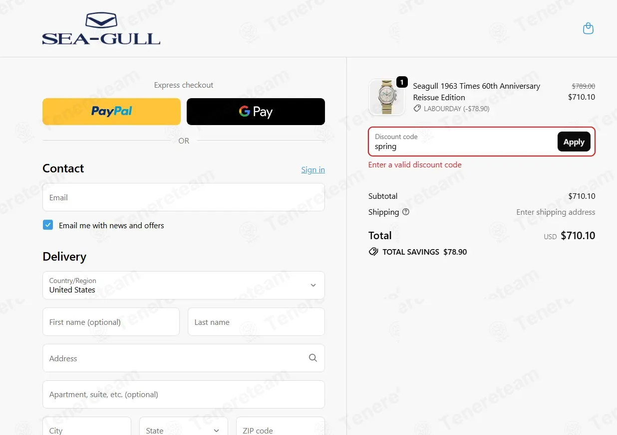 Seagull Watches coupon code: 10% off with spring. Tested and valid as 2 months ago.