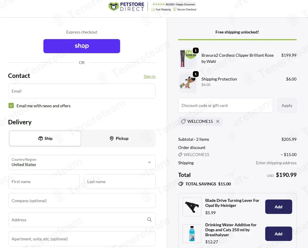 Pet Store Direct coupon code: $15 off with WELCOME15. Tested and valid as 4 weeks ago.