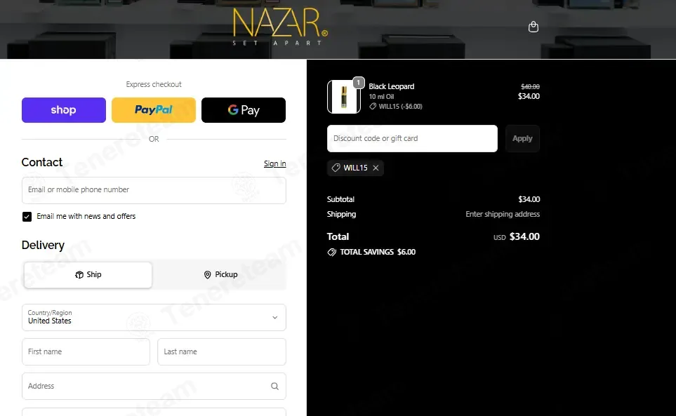 Nazar Fragrances coupon code: 15% off with WILL15. Tested and valid as 1 month ago.