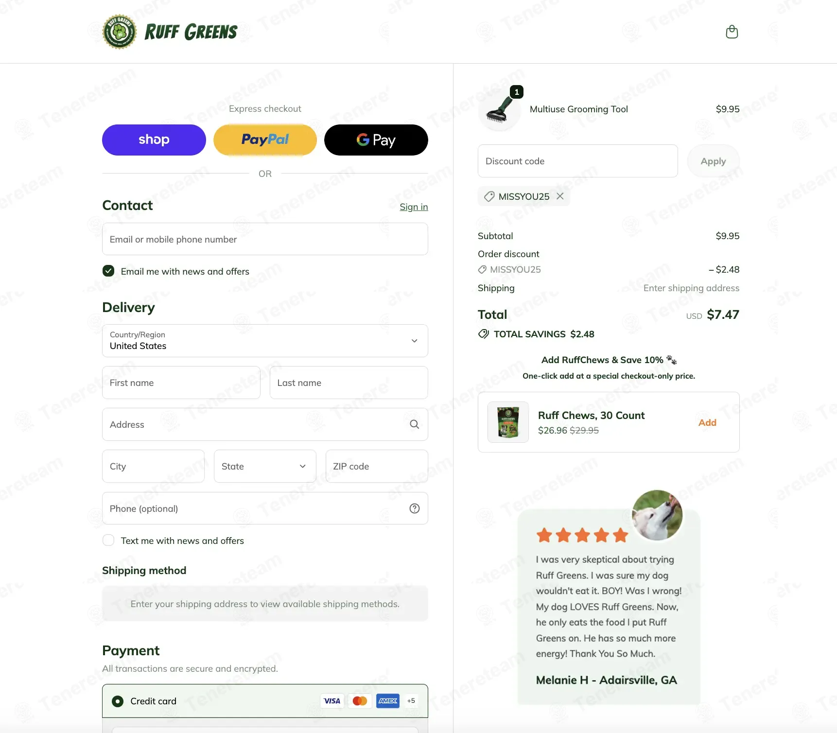 Ruff Greens coupon code: 25% off with MISSYOU25. Tested and valid as 1 month ago.