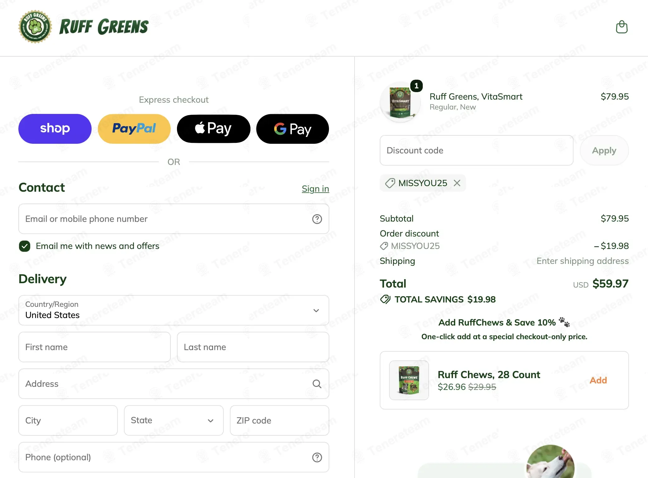 Ruff Greens coupon code: 25% off with MISSYOU25. Tested and valid as 1 month ago.
