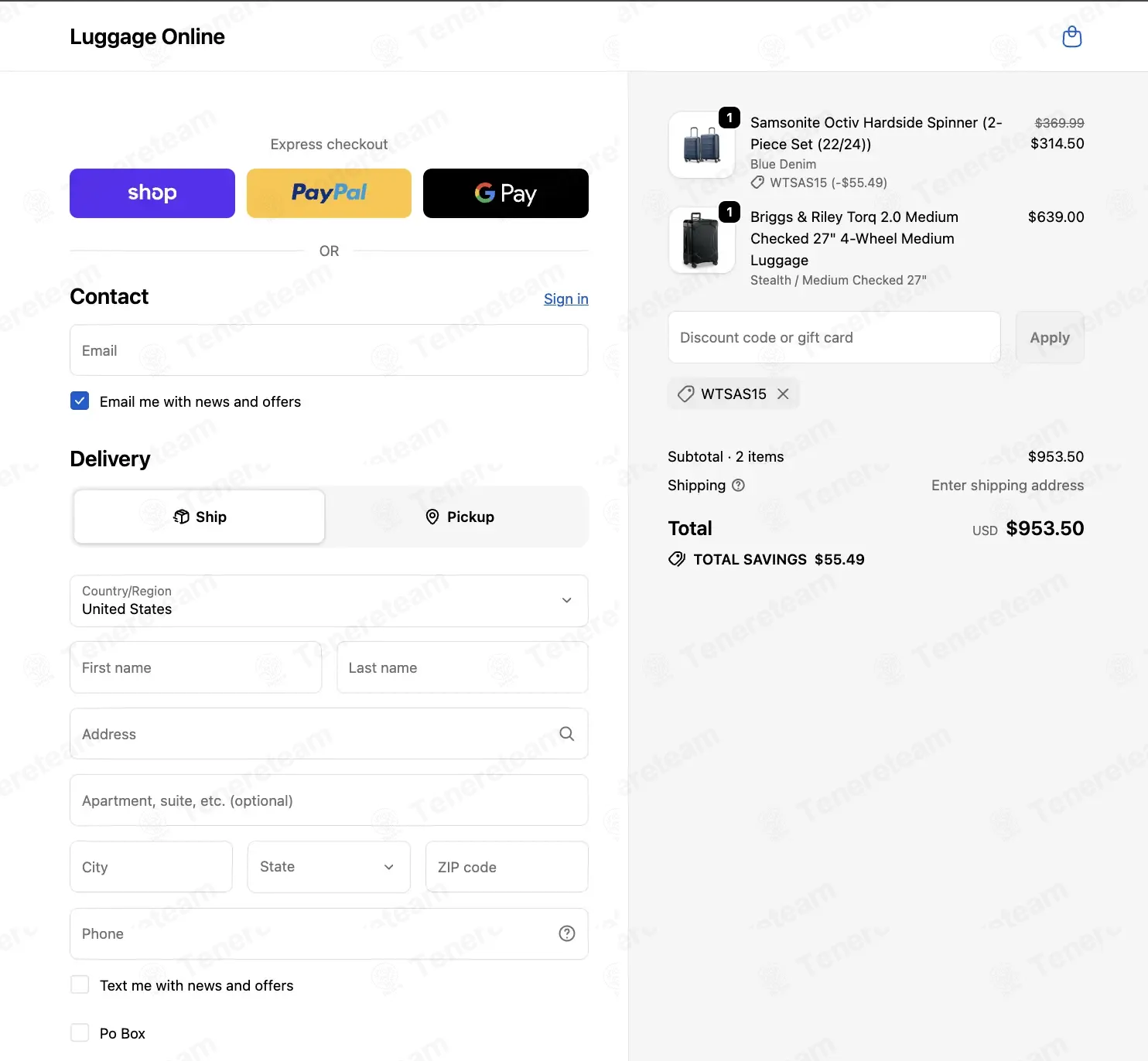 Luggage Online coupon code: 15% off with WTSAS15. Tested and valid as 1 week ago.