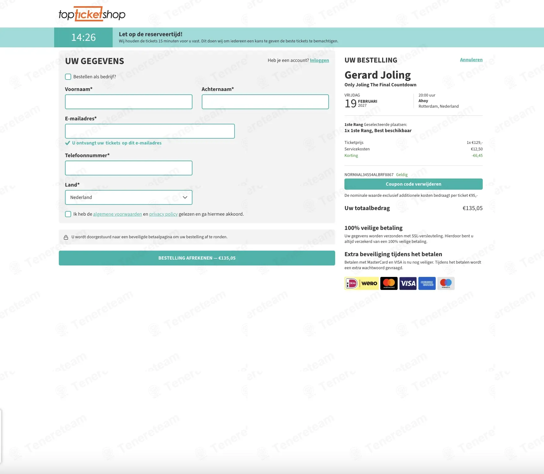 Topticketshop NL coupon code: 5% off with NORMAAL-34554-ALBRF-8867. Tested and valid as 4 days ago.