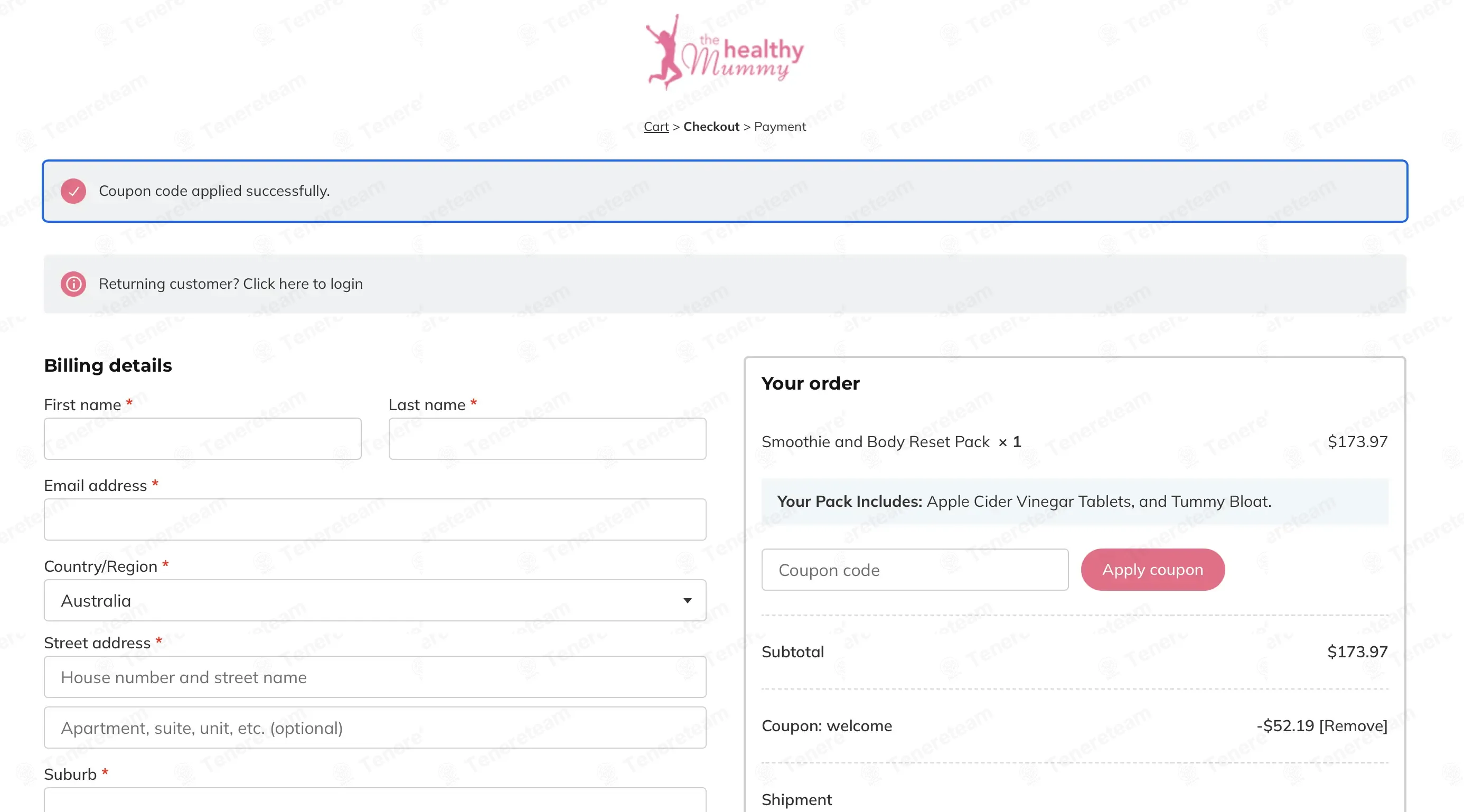 The Healthy Mummy coupon code: 30% off with WELCOME. Tested and valid as 1 month ago.