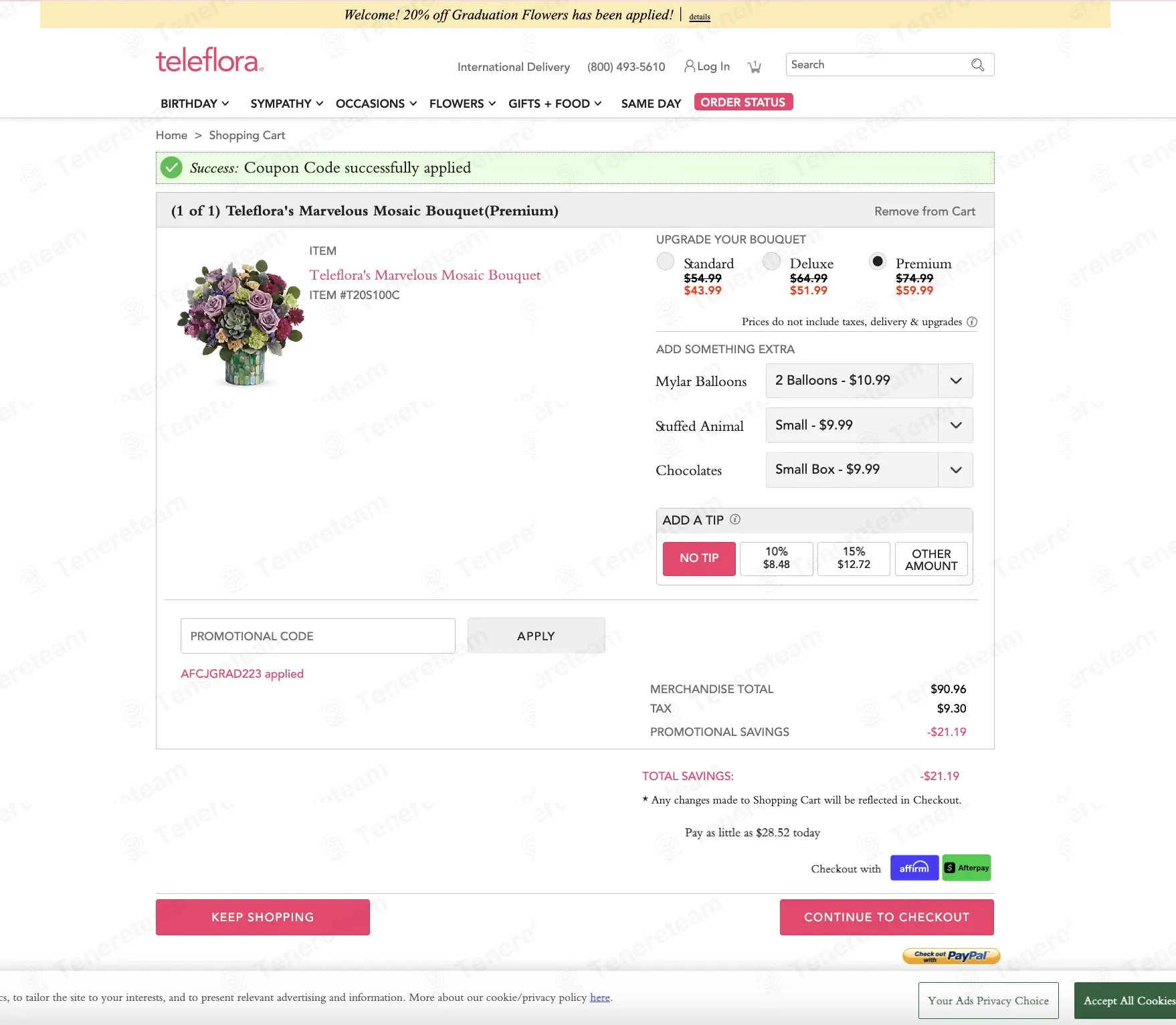 Teleflora coupon code: 20% off with AFCJGRAD223. Tested and valid as 2 weeks ago.