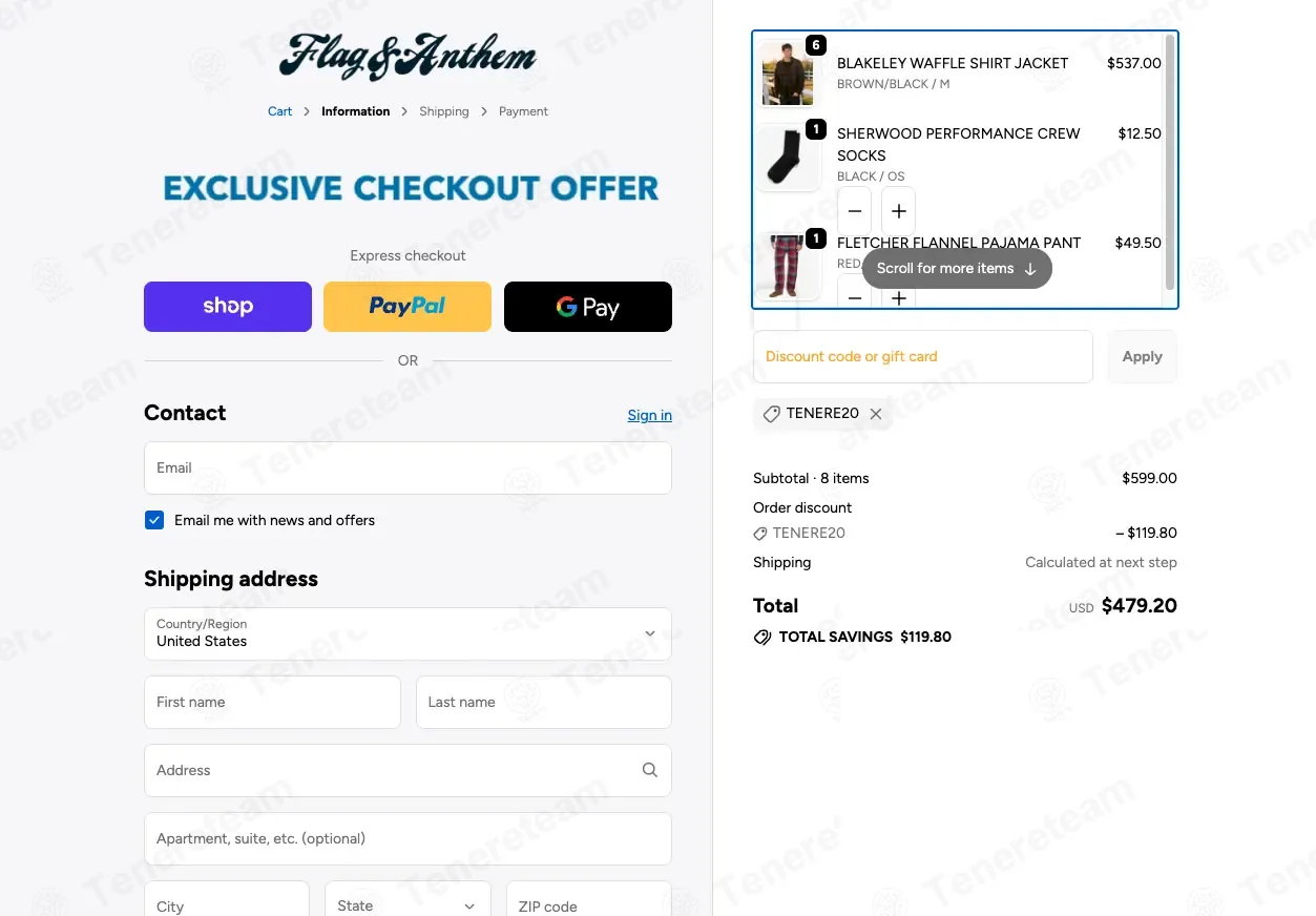 Flag & Anthem coupon code: 20% off with TENERE20. Tested and valid as 1 month ago.