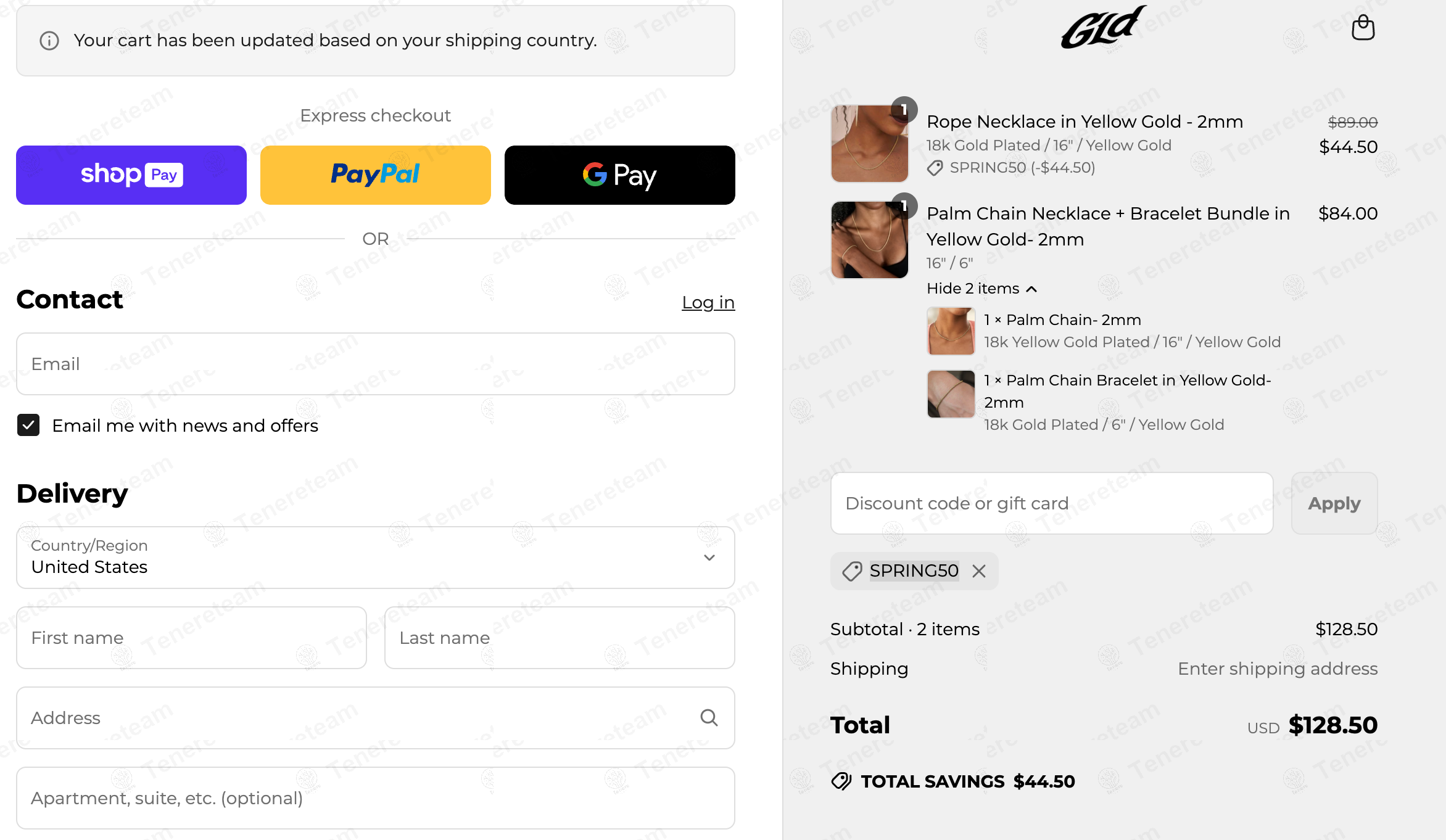The Gld Shop coupon code: 50% off with SPRING50. Tested and valid as 9 months ago.