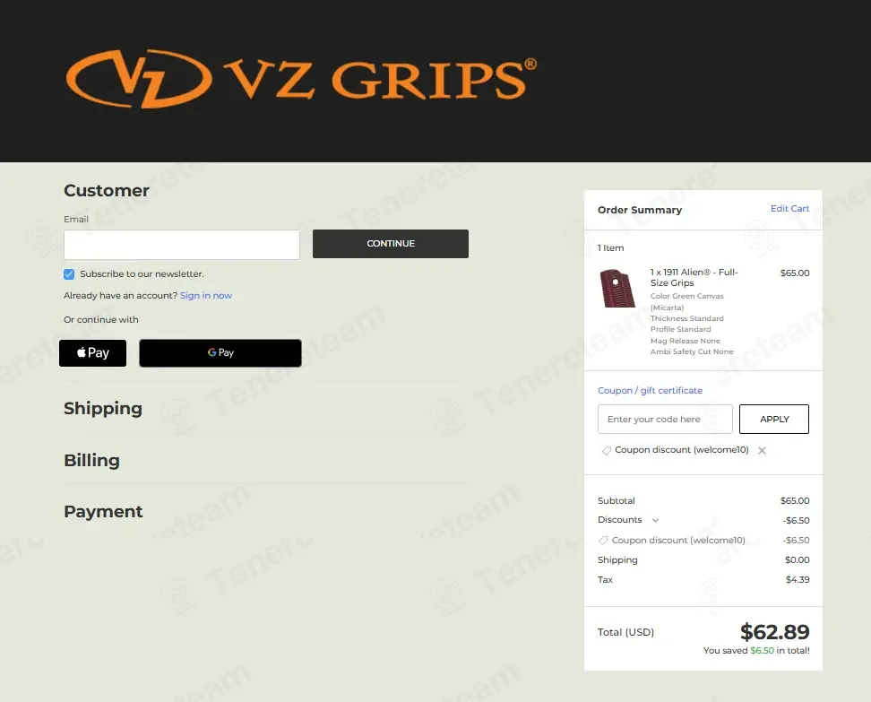 Vz Grips coupon code: 10% off with welcome10. Tested and valid as 4 weeks ago.