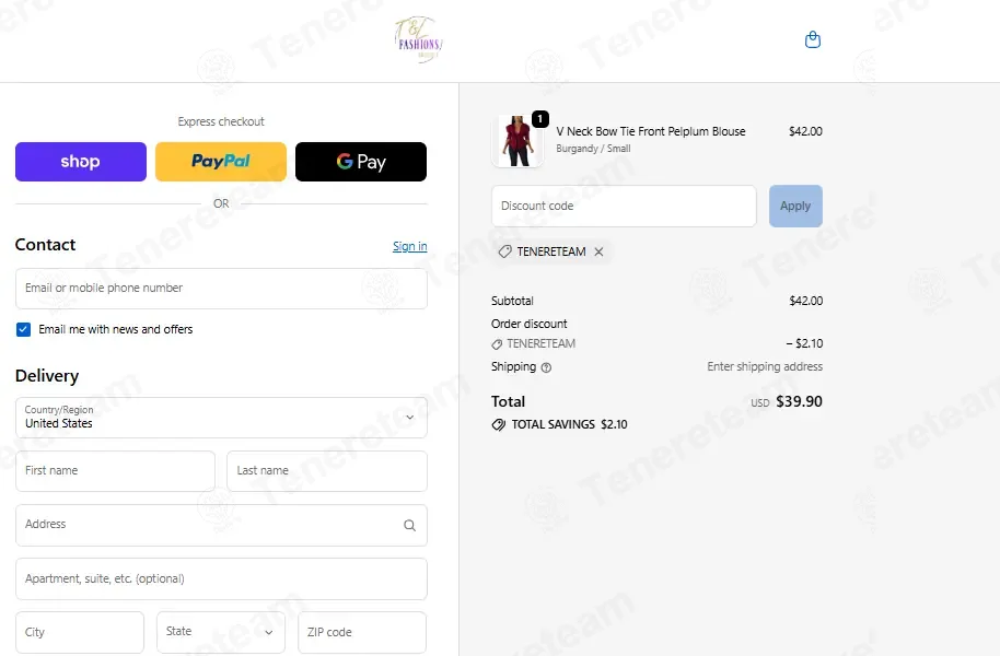 T&L Fashions Boutique coupon code: 5% off with TENERETEAM. Tested and valid as 1 month ago.