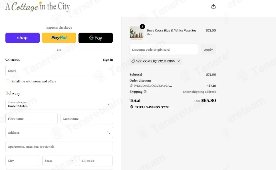 A Cottage in the City coupon code: 10% off with WELCOMEJQ137ZJ4P2PW. Tested and valid as 2 weeks ago.