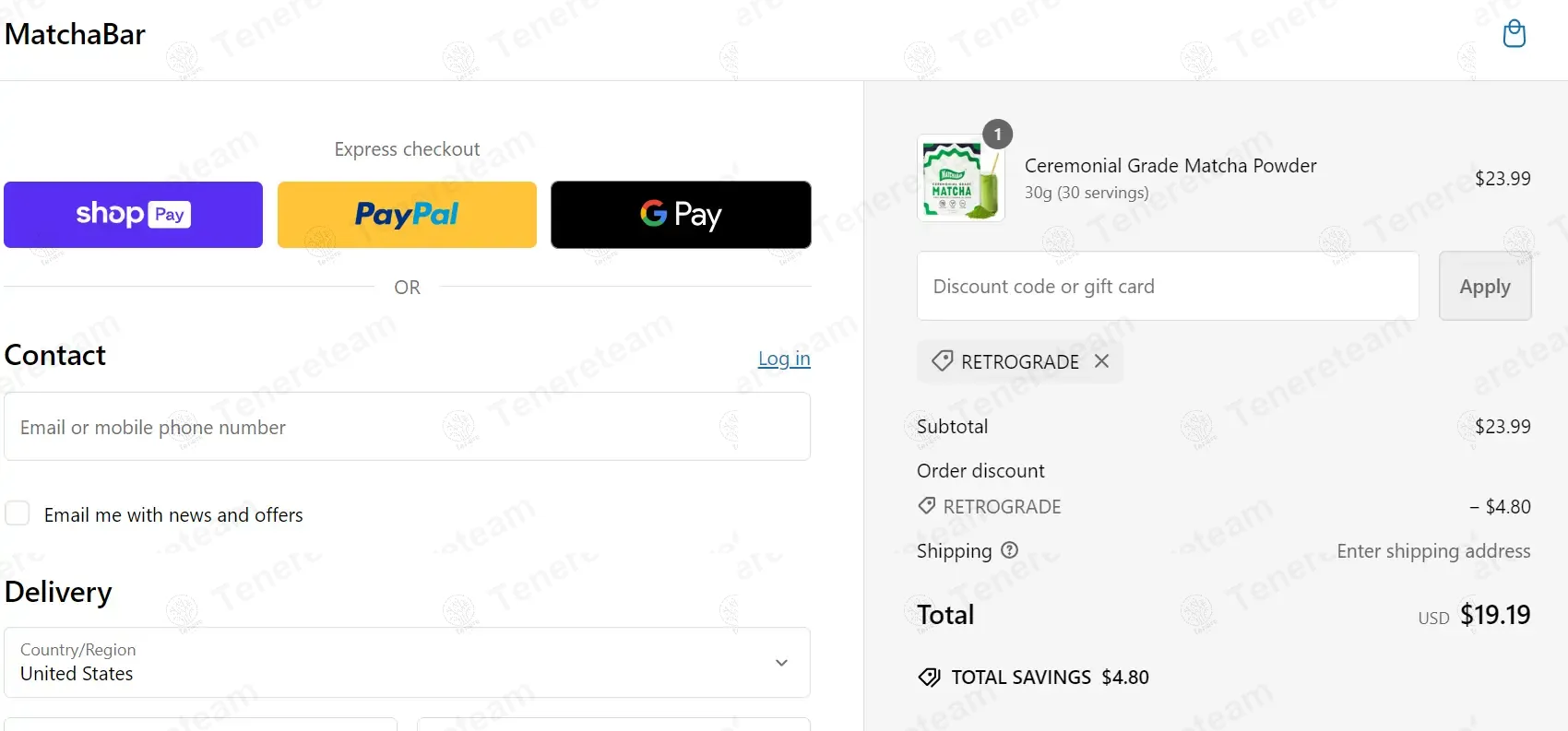 Matcha Bar CO coupon code: 20% off with RETROGRADE. Tested and valid as 1 year ago.