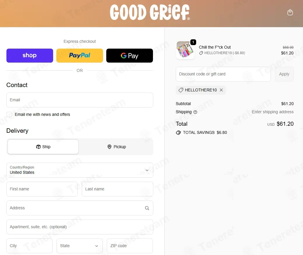 Shop Good Grief coupon code: 10% off with HELLOTHERE10. Tested and valid as 2 weeks ago.