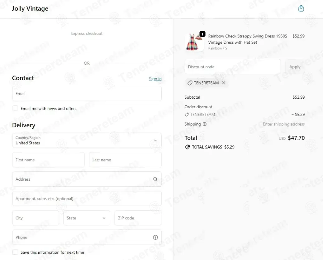 Jolly Vintage coupon code: 10% off with TENERETEAM. Tested and valid as 1 week ago.