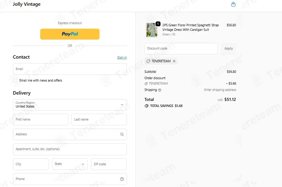 Jolly Vintage coupon code: 10% off with TENERETEAM. Tested and valid as 1 week ago.
