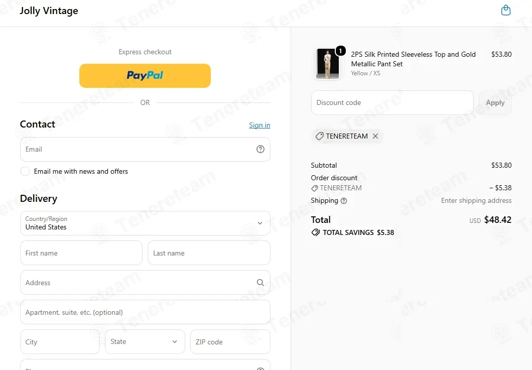 Jolly Vintage coupon code: 10% off with TENERETEAM. Tested and valid as 1 week ago.