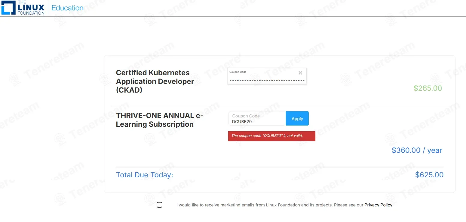Linux Foundation coupon code: 20% off with DCUBE20. Tested and valid as 4 months ago.