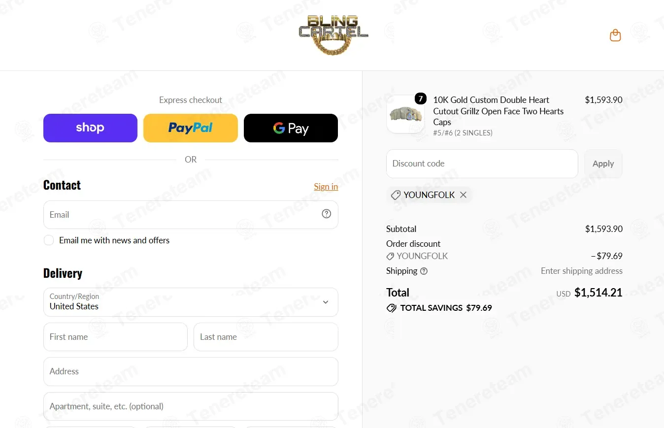 Bling Cartel coupon code: 5% off with YOUNGFOLK. Tested and valid as 2 weeks ago.