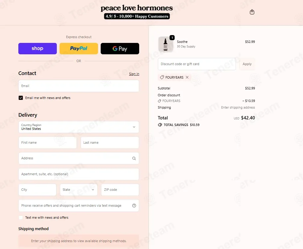Peace Love Hormones coupon code: 20% off with FOURYEARS. Tested and valid as 2 months ago.
