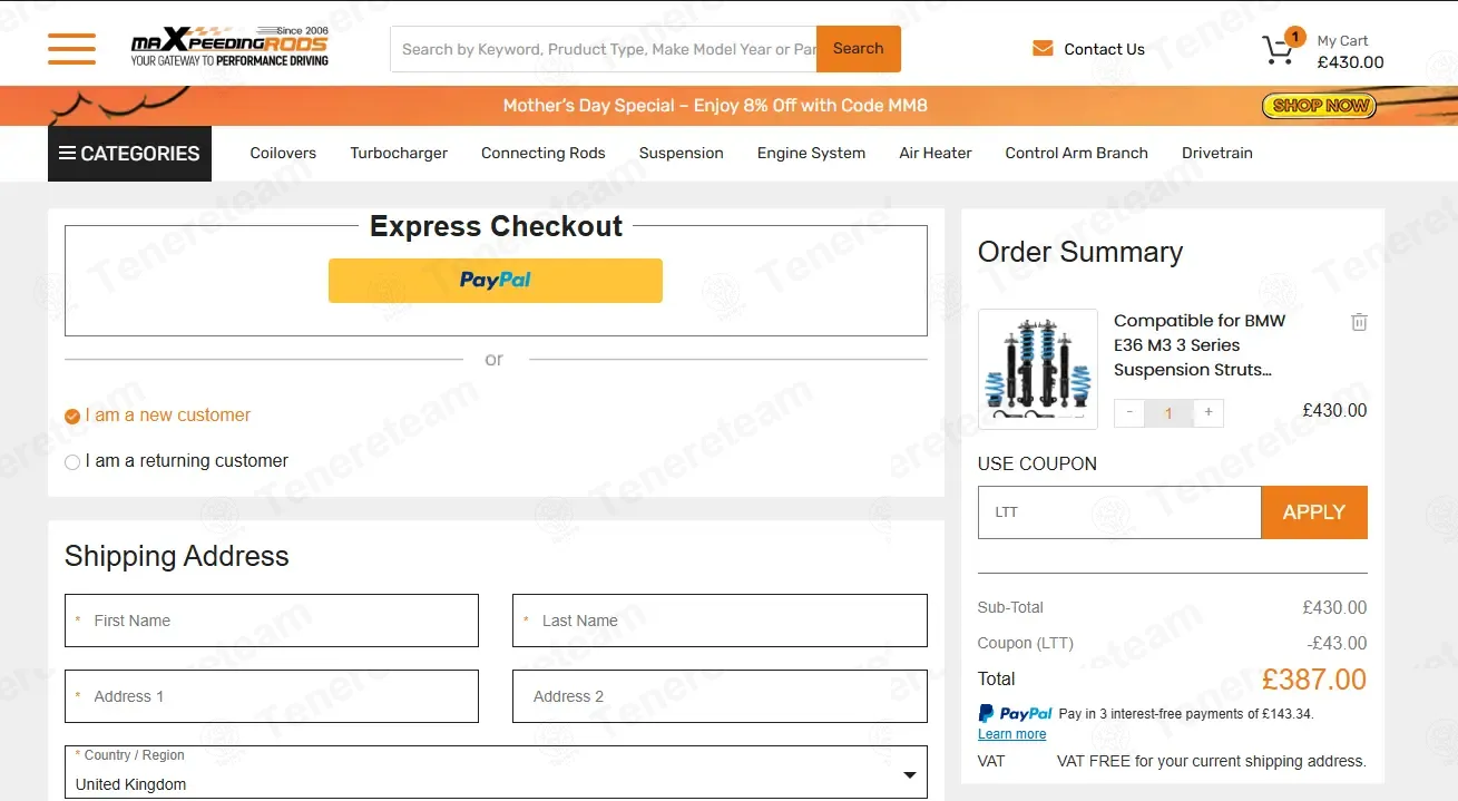 MaXpeedingRods UK coupon code: 10% off with LTT. Tested and valid as 5 days ago.