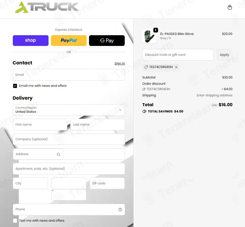 Truck Gloves coupon code: 20% off with Test4C5RG83H. Tested and valid as 1 month ago.