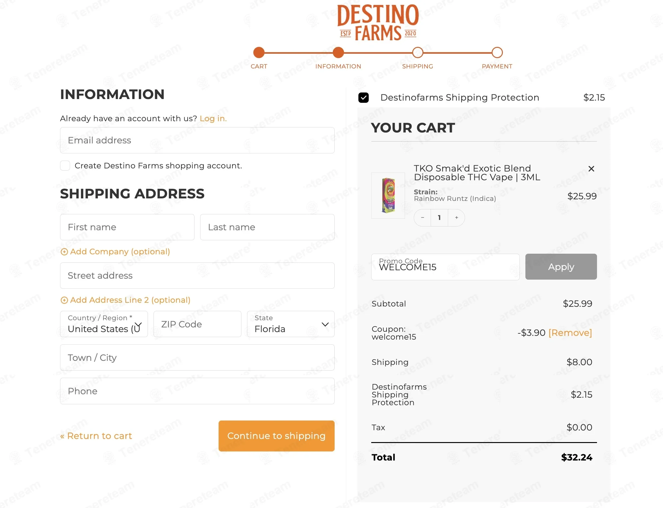 Destino Farms coupon code: 15% off with WELCOME15. Tested and valid as 1 month ago.