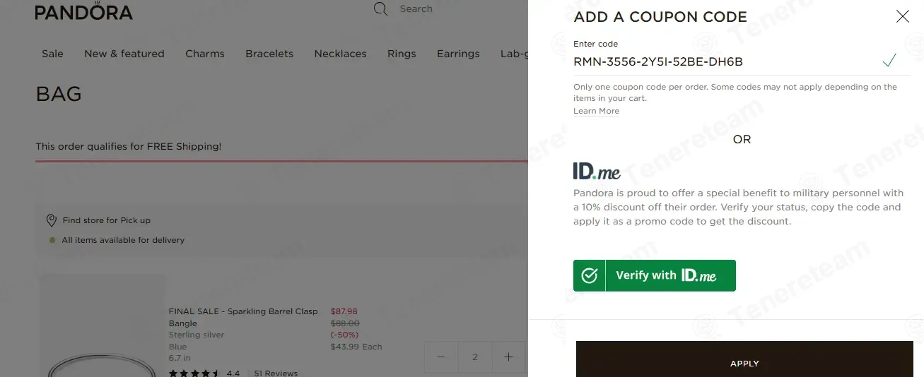 Pandora coupon code: 10% off with RMN-3556-2Y5I-52BE-DH6B. Tested and valid as 2 months ago.