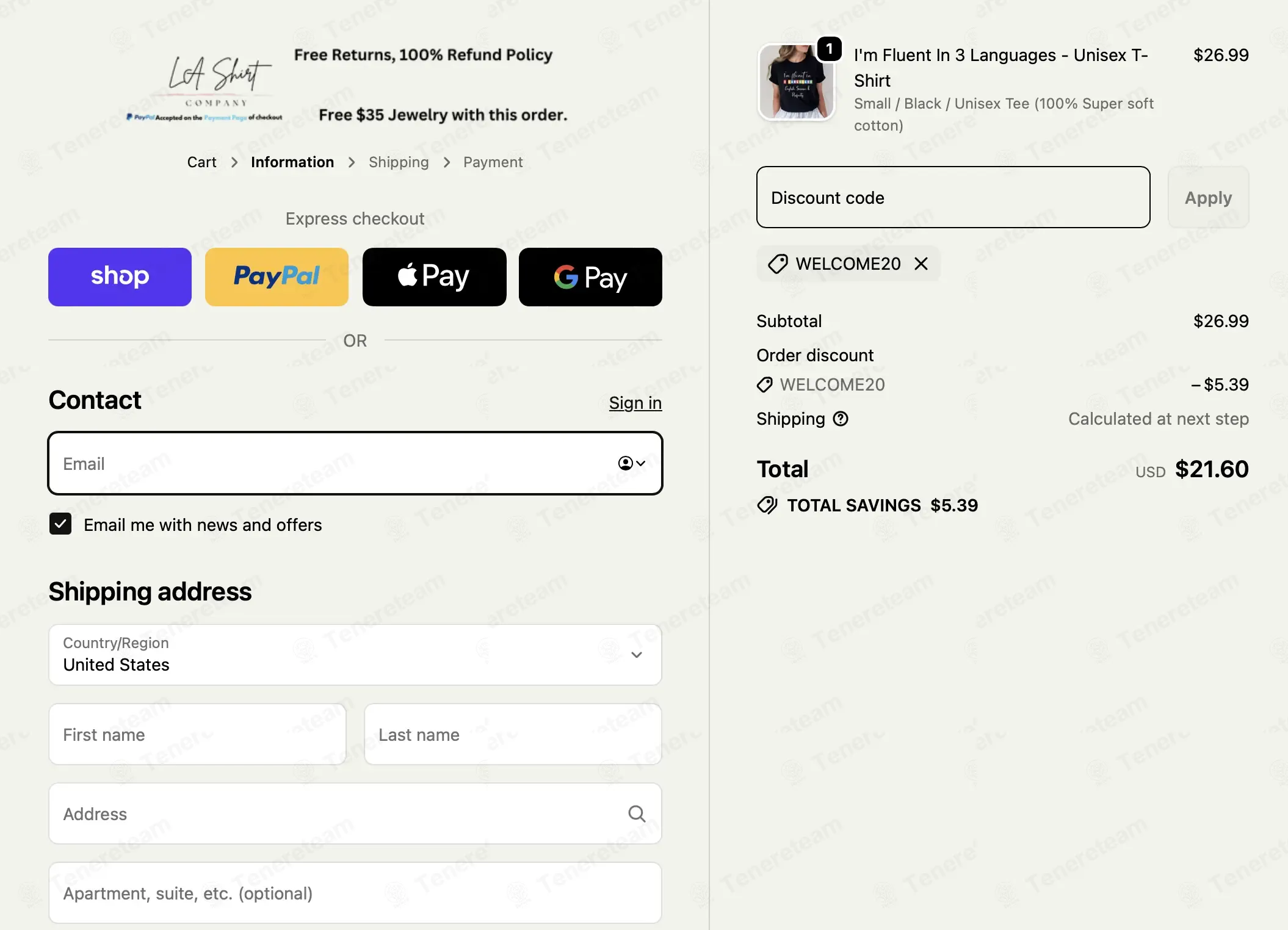 LA Shirt Company coupon code: 20% off with WELCOME20. Tested and valid as 4 months ago.