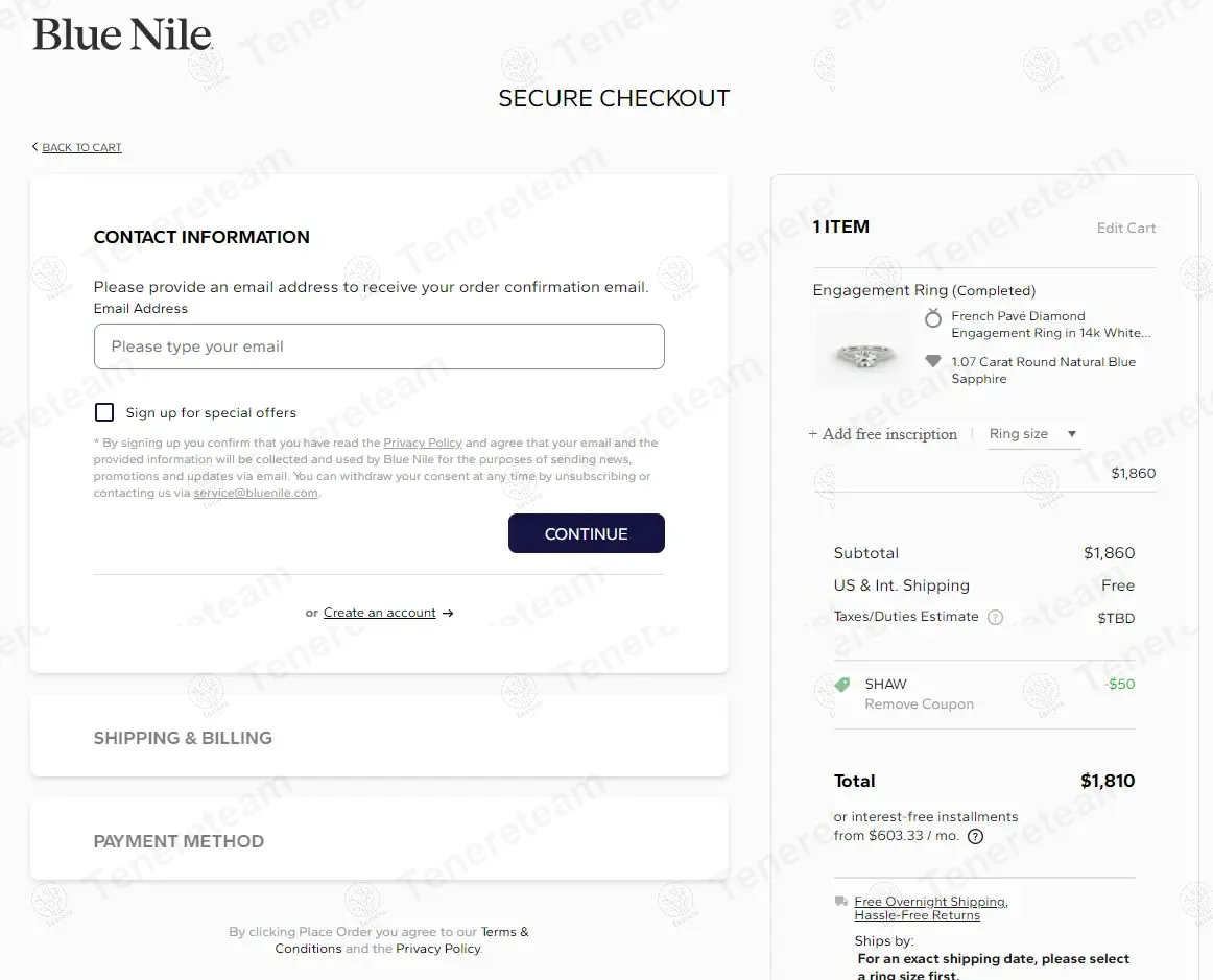 Blue Nile coupon code: $50 off with SHAW. Tested and valid as 1 year ago.