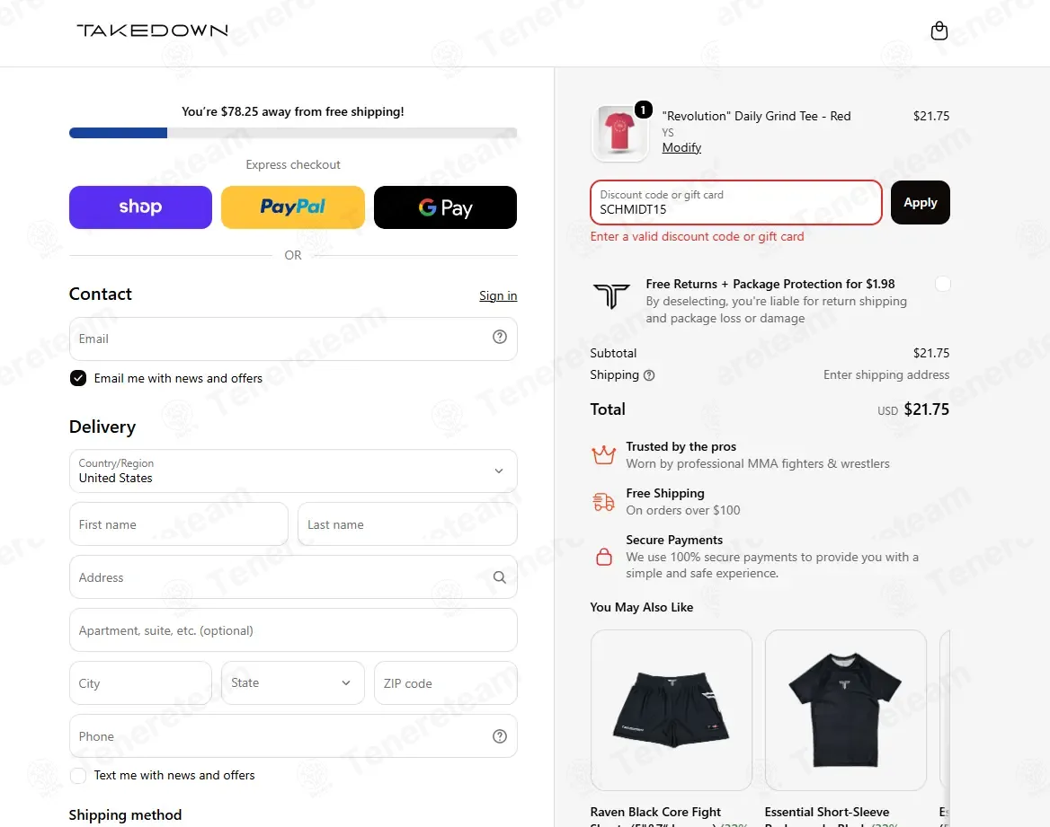 Takedown Sportswear coupon code: 15% off with SCHMIDT15. Tested and valid as 1 week ago.